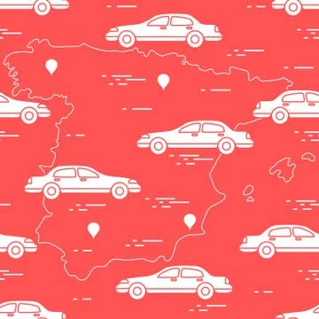 Pattern with cars and map of Spain. Travel and leisure. Stock Illustration