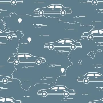 Pattern with cars and map of Spain. Travel and leisure. Stock Illustration