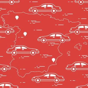 Pattern with cars and map of Spain. Travel and leisure. Stock Illustration