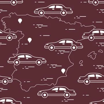 Pattern with cars and map of Spain. Travel and leisure. Stock Illustration