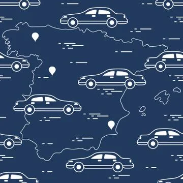 Pattern with cars and map of Spain. Travel and leisure. Stock Illustration
