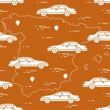 Pattern with cars and map of Spain. Travel and leisure. 스톡 일러스트
