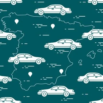 Pattern with cars and map of Spain. Travel and leisure. Stock Illustration