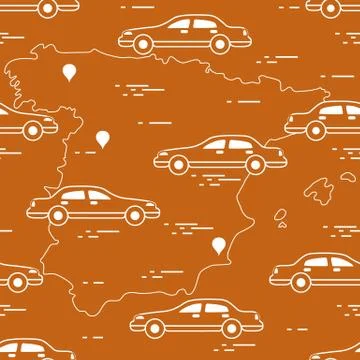 Pattern with cars and map of Spain. Travel and leisure. 스톡 일러스트