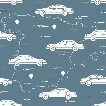 Pattern with cars and map of Spain. Travel and leisure. Illustrazione stock