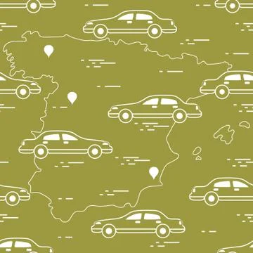 Pattern with cars and map of Spain. Travel and leisure. Stock Illustration