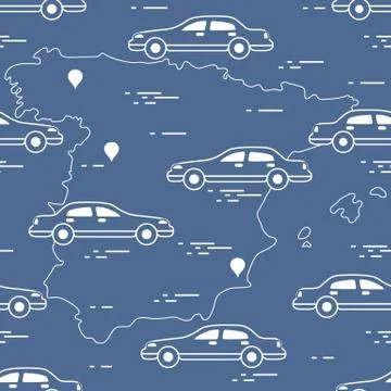 Pattern with cars and map of Spain. Travel and leisure. Illustrazione stock