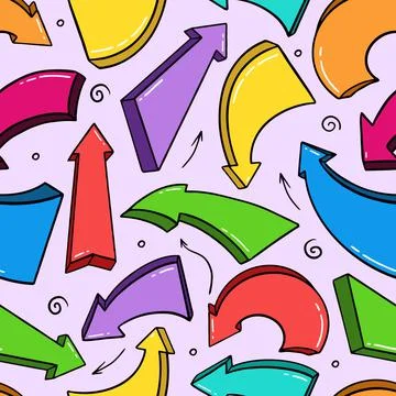 Pattern with cartoon arrows in doodle style on pink background Vector Stock Illustration