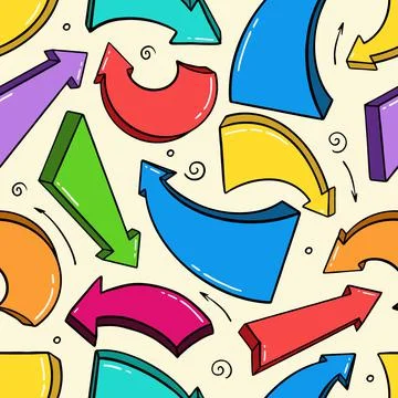 Pattern with cartoon arrows in doodle style on a yellow background Vector Illustrazione stock