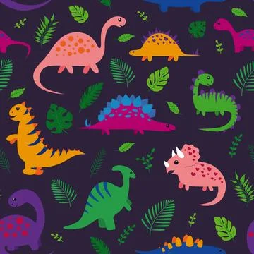 Pattern with cartoon cute dinosaurs and leaf. Stock Illustration
