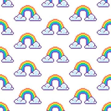 Pattern of cartoon drawing of a rainbow between two clouds Stock Illustration