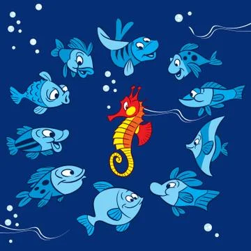 Pattern with cartoon fish and bright red seahorse Stock Illustration