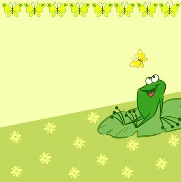 Pattern with cartoon frog that catches a butterfly Stock Illustration