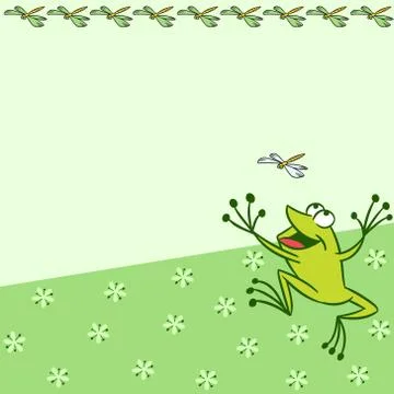 Pattern with cartoon frog that catches a dragonfly Stock Illustration
