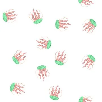 Pattern cartoon jellyfish floating with green bell and pink tentacles 库存插图