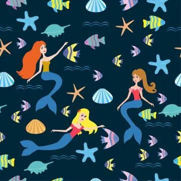 Pattern with cartoon mermaid Stock Illustration