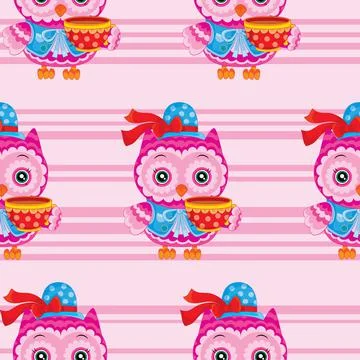 Pattern, cartoon owl with a cup of tea on a pink background, vector illustrat Stock Illustration