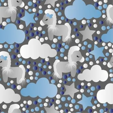 Pattern with cartoon pony, clouds and stars Stock Illustration