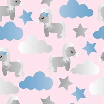 Pattern with cartoon pony, clouds and stars Stock Illustration