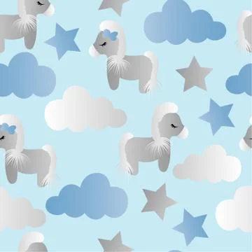Pattern with cartoon pony, clouds and stars Stock Illustration