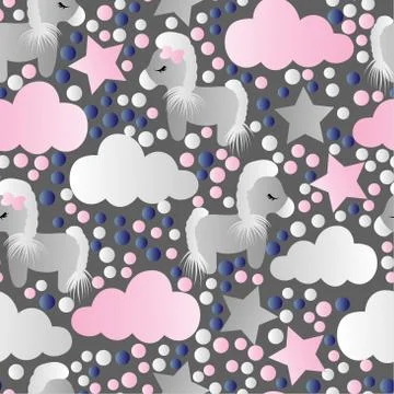 Pattern with cartoon pony, clouds and stars Stock Illustration