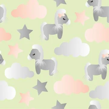 Pattern with cartoon pony, clouds and stars Stock Illustration