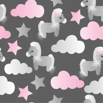 Pattern with cartoon pony, clouds and stars Stock Illustration