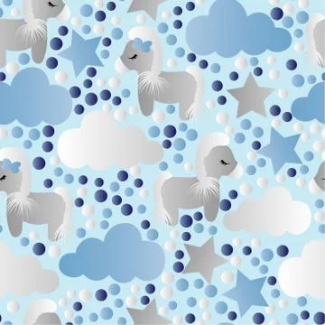 Pattern with cartoon pony, clouds and stars Stock Illustration