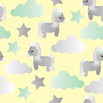 Pattern with cartoon pony, clouds and stars Stock Illustration