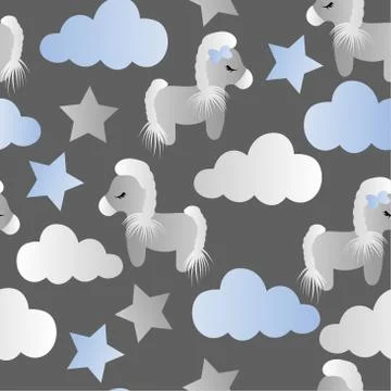 Pattern with cartoon pony, clouds and stars 스톡 일러스트
