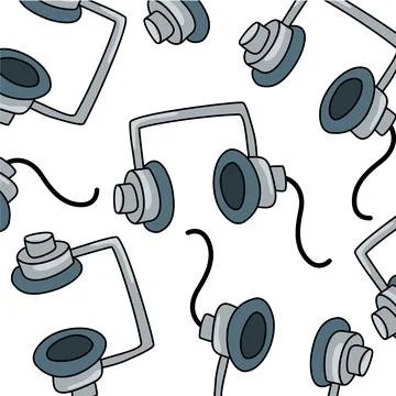 A pattern of cartoon simple vintage grey headphones with wires on white backgrou 库存插图