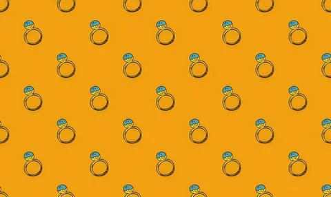 Pattern of cartoon style rings with blue gemstones on orange background Stock Illustration