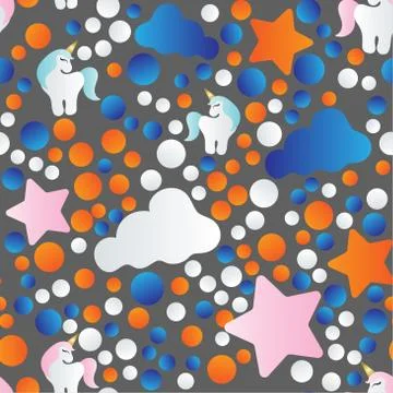 Pattern with cartoon unicorn, clouds and stars Stock Illustration