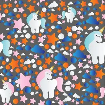 Pattern with cartoon unicorn, clouds and stars Stock Illustration