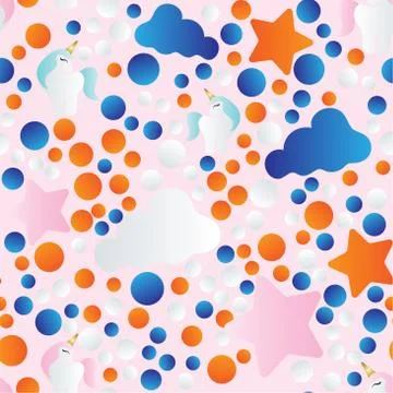 Pattern with cartoon unicorn, clouds and stars Stock Illustration