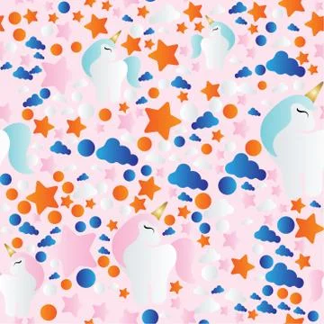 Pattern with cartoon unicorn, clouds and stars Stock Illustration