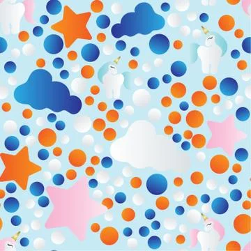 Pattern with cartoon unicorn, clouds and stars イラスト素材