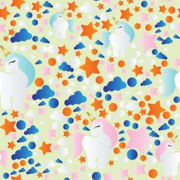 Pattern with cartoon unicorn, clouds and stars Stockillustratie