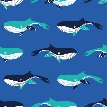 Pattern with cartoon whales Illustrazione stock