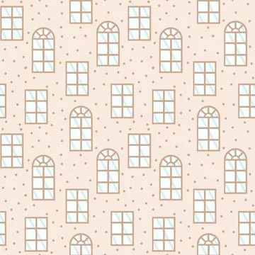 Pattern with cartoon window frames of various shapes. Background with wooden 스톡 일러스트