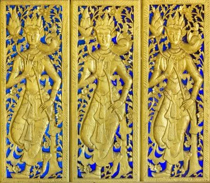 Pattern of carved on stucco design of native wall, Thai style in temple Foto stock
