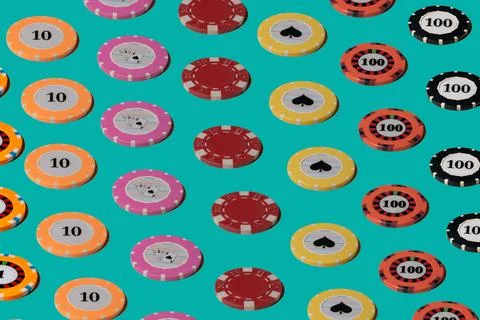 Pattern from casino chips on a green screen chroma key. Rows of casino chips for Stock Photos