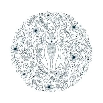 Pattern with cat and flowers Stock Illustration