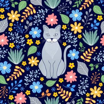 Pattern with cat and flowers Stock Illustration