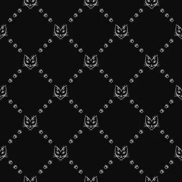 Pattern with cat face and paw prints in rhombus grid. White on black. Stock Illustration