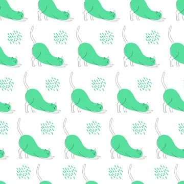 Pattern with cat in line art with green spots. vector illustration Stock Illustration