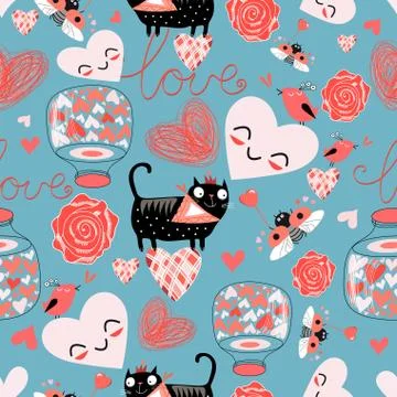 Pattern of cat lovers hearts Stock Illustration