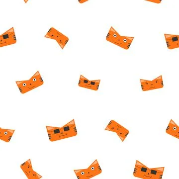 Pattern of Cat or tiger face in orange color with emotions, smile and cool Stock Illustration