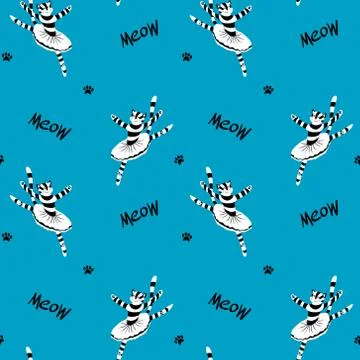 Pattern with cat, paw prints and meow lettering Stock Illustration