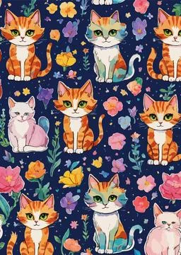 Pattern with cat stickers and flowers Illustrazione stock